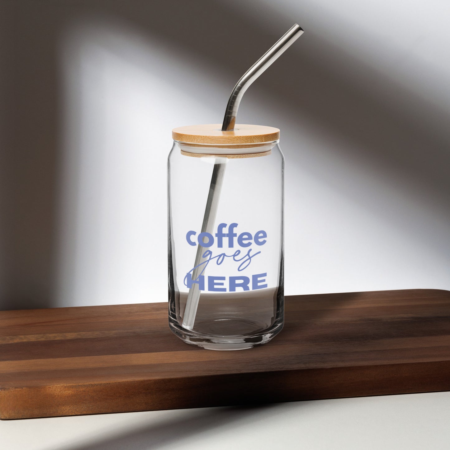 Coffee Goes Here Glass Tumbler with Bamboo Lid and Straw